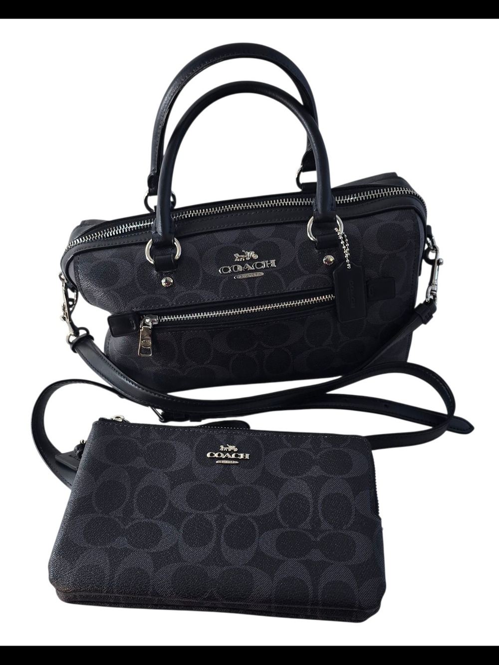 Coach signature black satchel handbag with matching wristlet/wallet set. Feature